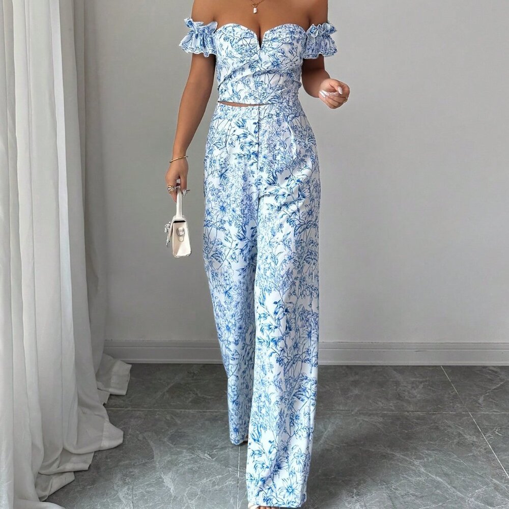 Blue And White Elegant Womens Top & Straight Leg Pants With Print Off Floral Set - Picture 6 of 6